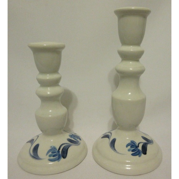 N S Gustin Co White Porcelain Blue Hand Painted Decorated Candle Holder Set of 2 - Picture 2 of 8